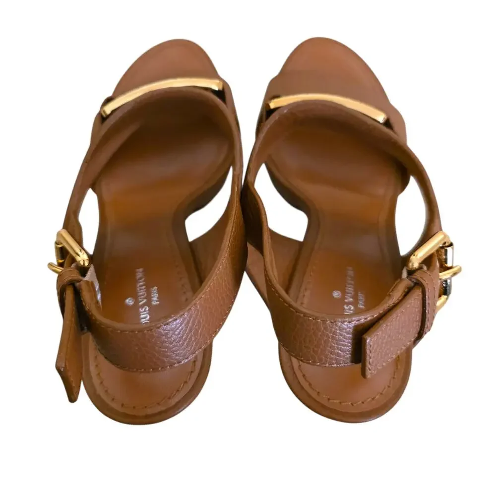 Louis Vuitton Platform Brown Leather Heel Sandals Logo Open Toe IT 36.5 US 6.5
